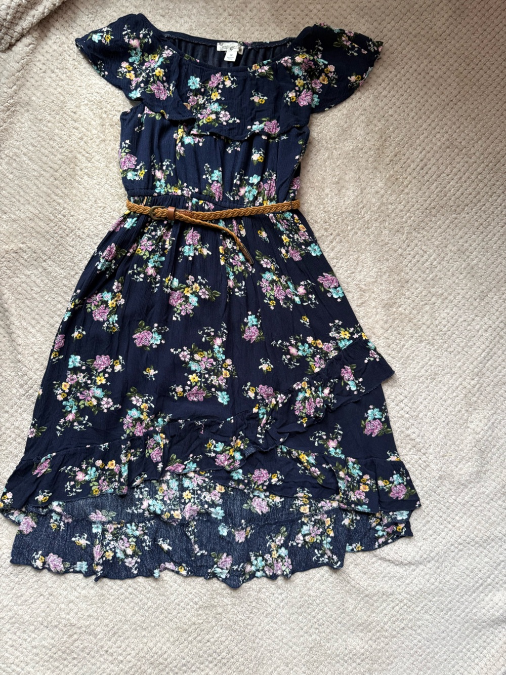Mini Boden Navy Floral Dress with Pink and Green Blooms